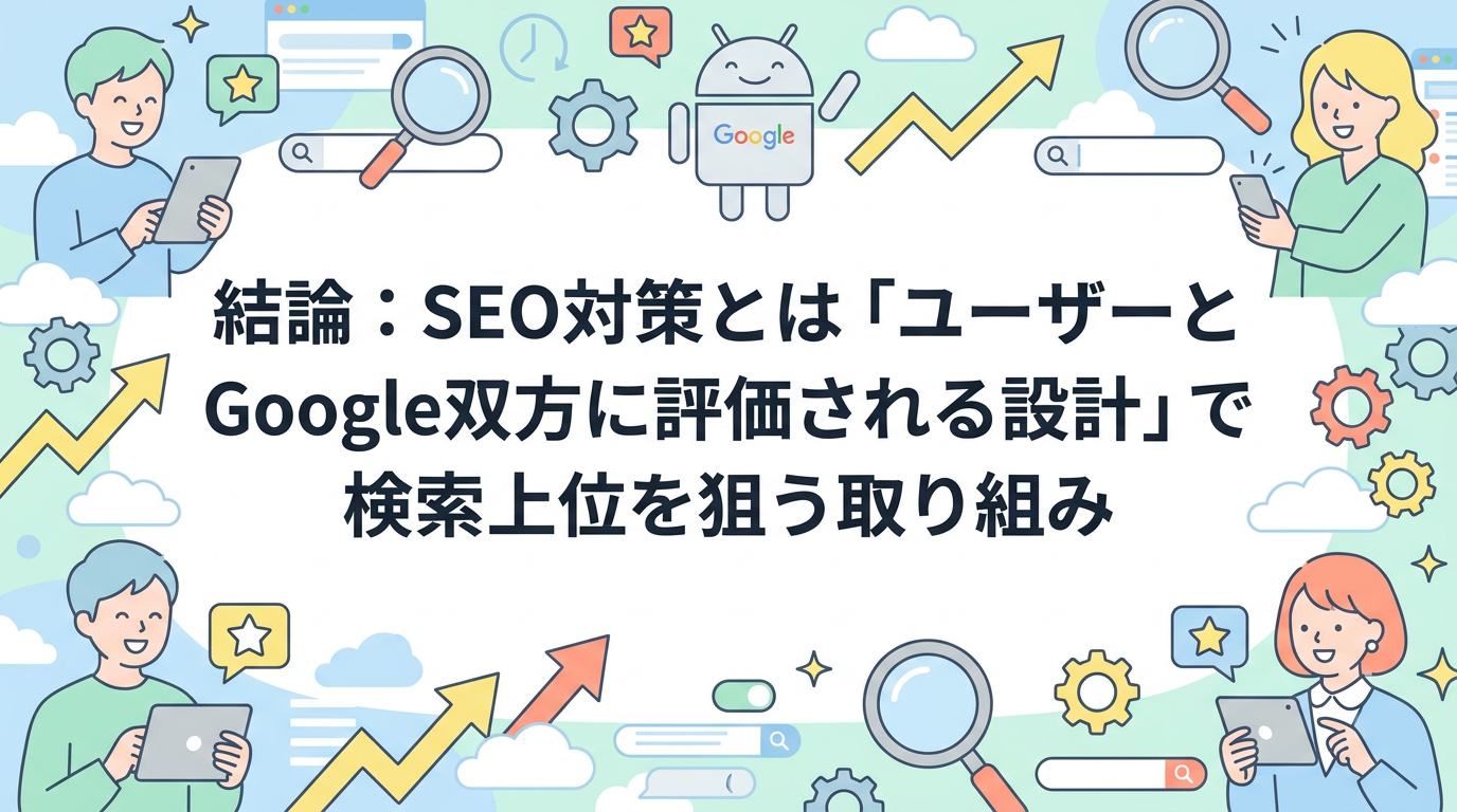 結論:SEO対策とは「ユーザーとGoogle双方に評価される設計」で検索上位を狙う取り組み