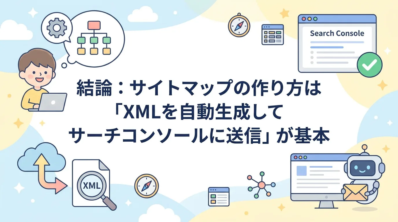 結論：サイトマップの作り方は「XMLを自動生成してサーチコンソールに送信」が基本