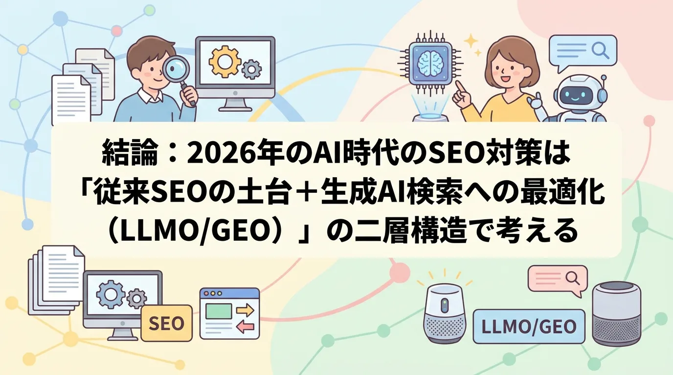 結論:2026年のAI時代のSEO対策は「従来SEOの土台+生成AI検索への最適化(LLMO/GEO)」の二層構造で考える