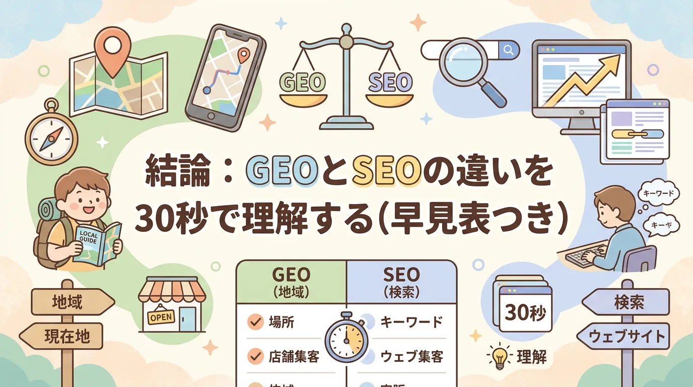 結論：GEOとSEOの違いを30秒で理解する（早見表つき）