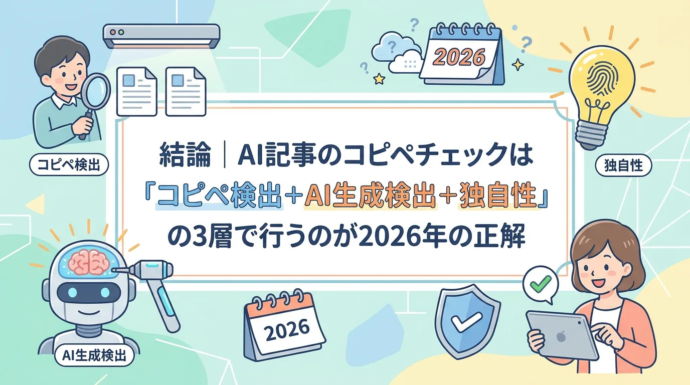 結論｜AI記事のコピペチェックは「コピペ検出＋AI生成検出＋独自性」の3層で行うのが2026年の正解