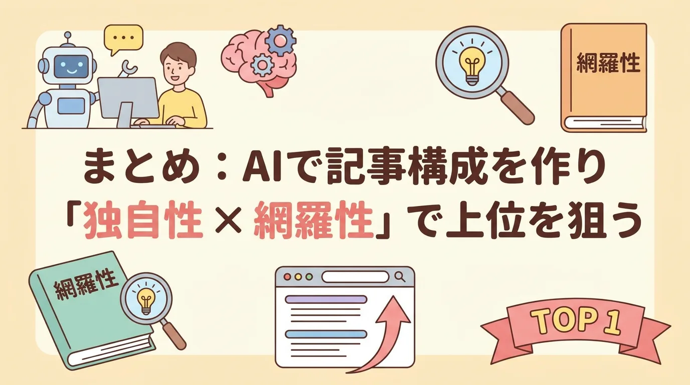 まとめ:AIで記事構成を作り「独自性 × 網羅性」で上位を狙う