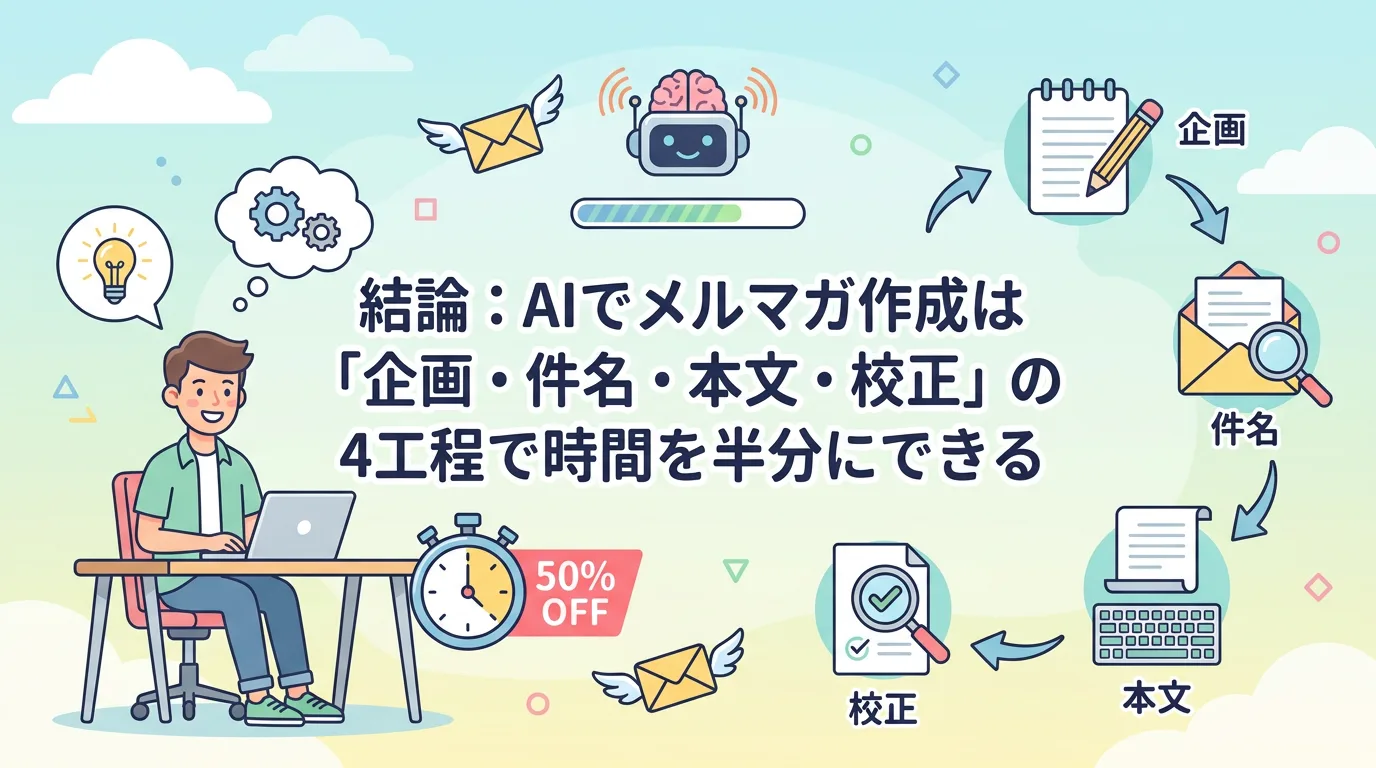 結論:AIでメルマガ作成は「企画・件名・本文・校正」の4工程で時間を半分にできる