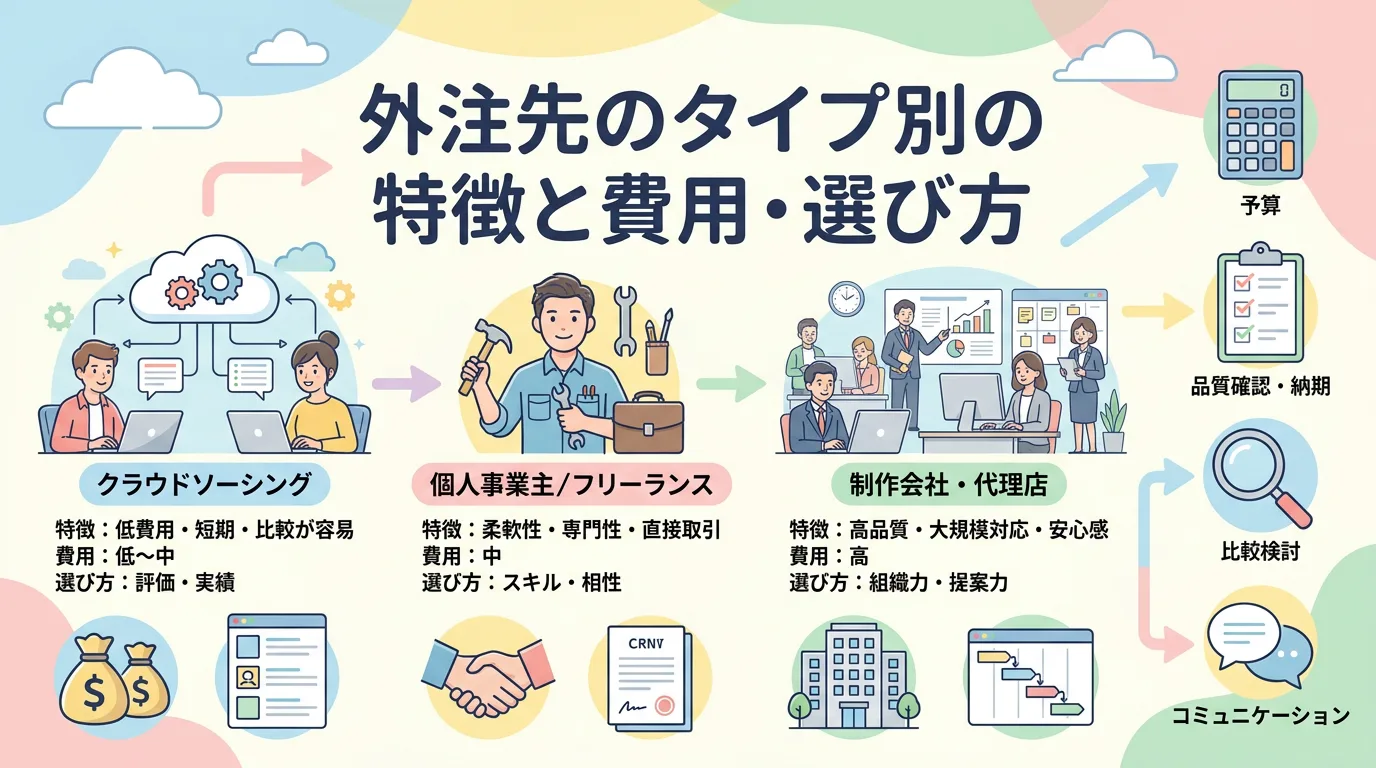 外注先のタイプ別の特徴と費用・選び方