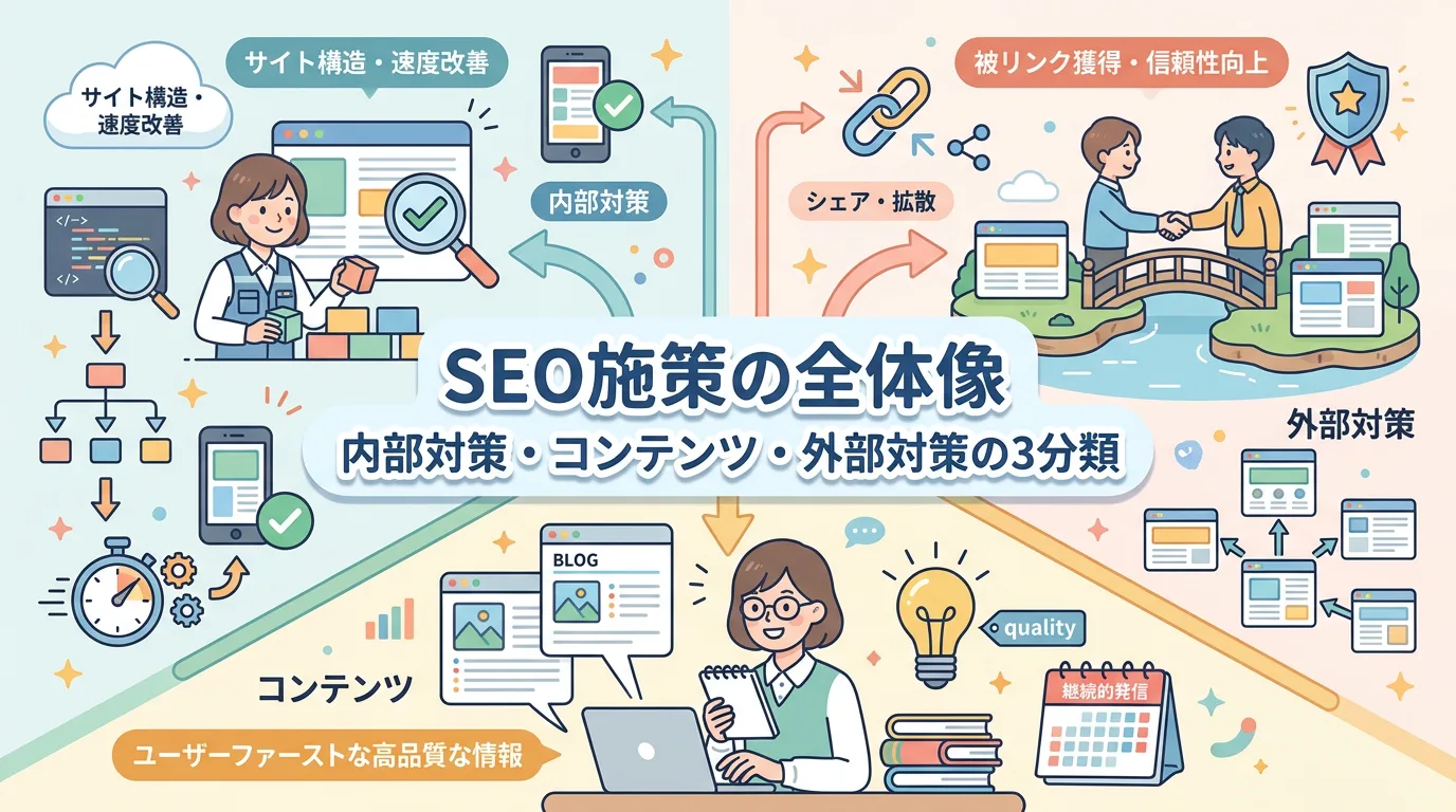 SEO施策の全体像|内部対策・コンテンツ・外部対策の3分類