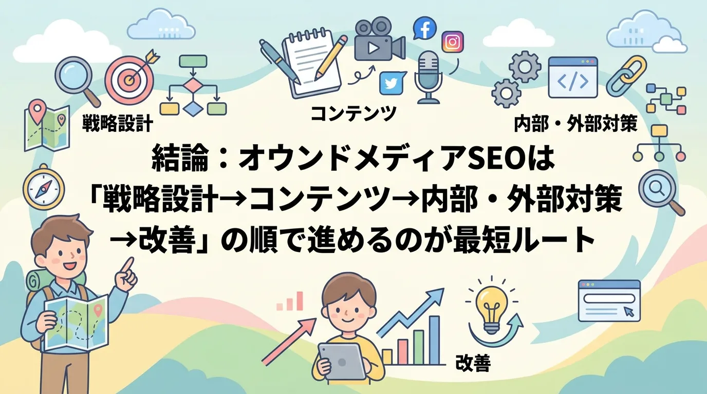 結論:オウンドメディアSEOは「戦略設計→コンテンツ→内部・外部対策→改善」の順で進めるのが最短ルート