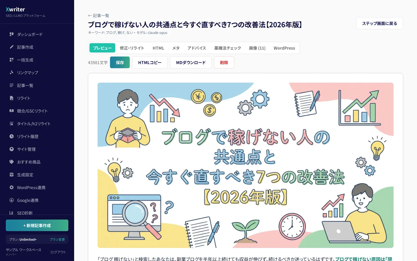 記事エディタのプレビュー画面。アイキャッチ画像と本文が表示され、上部に8つのタブが並んでいる